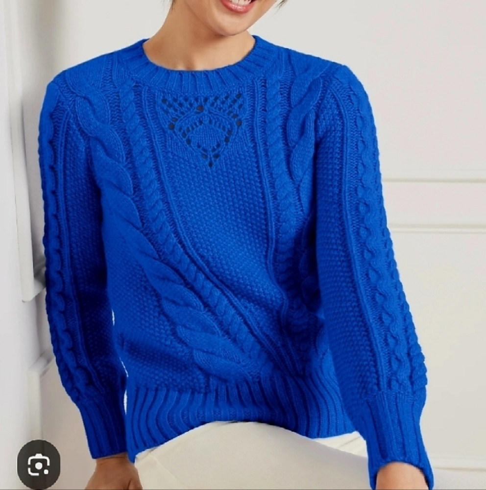 Talbot Womens Petite Balloon Sleeve Cable Knit Blue Sweater, Size MP